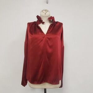 Never A Wallflower Red Top XS Blouse Relaxed Victorian Artsy Luxe NWT V Neck